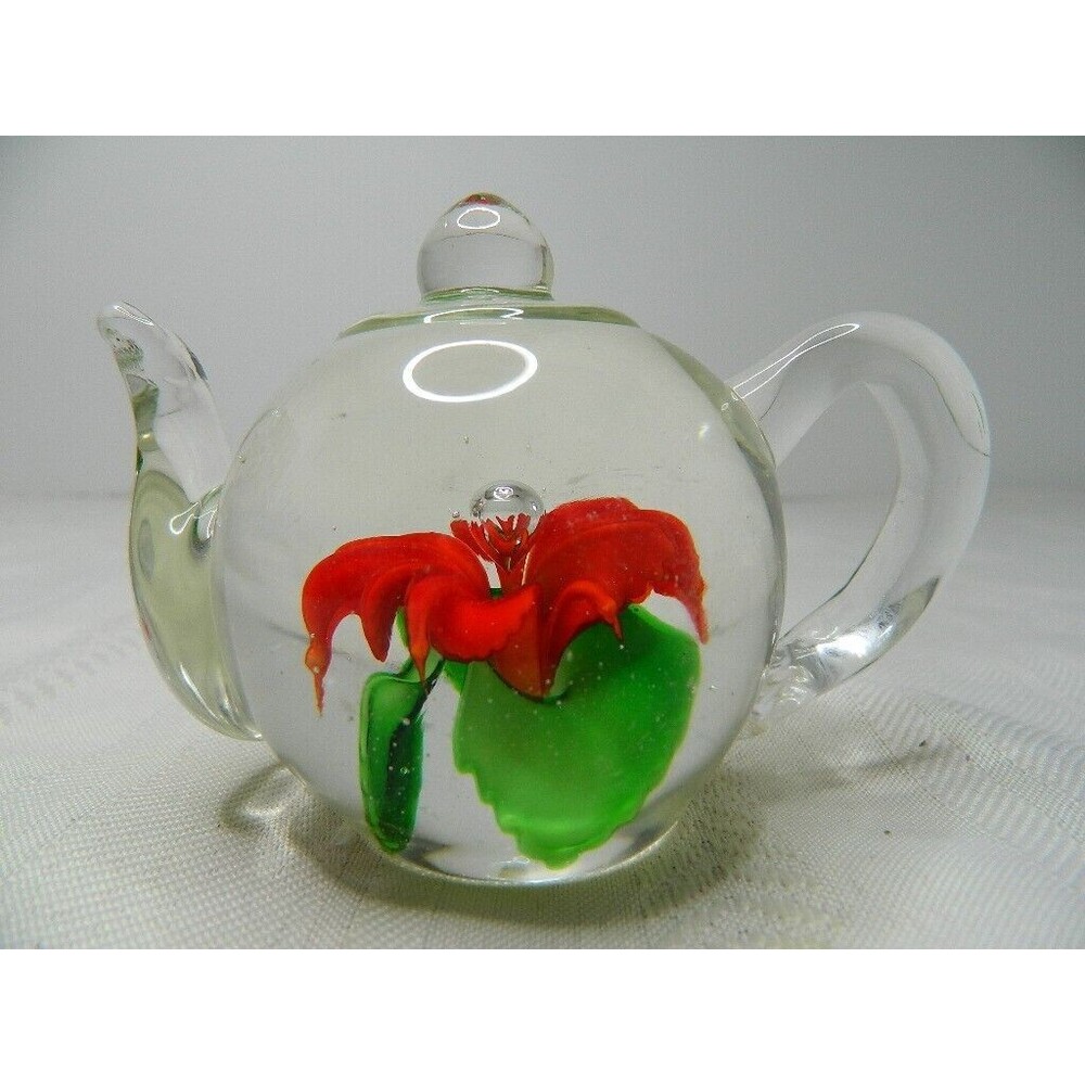 Dynasty Gallery Heirloom Collectibles Clear Teapot Red  Floral Paperweight 2.5"H
